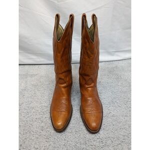 Vtg Frye 3841 Cowboy Western Boots Men's 11D Tan Leather USA Made Flame Stitch